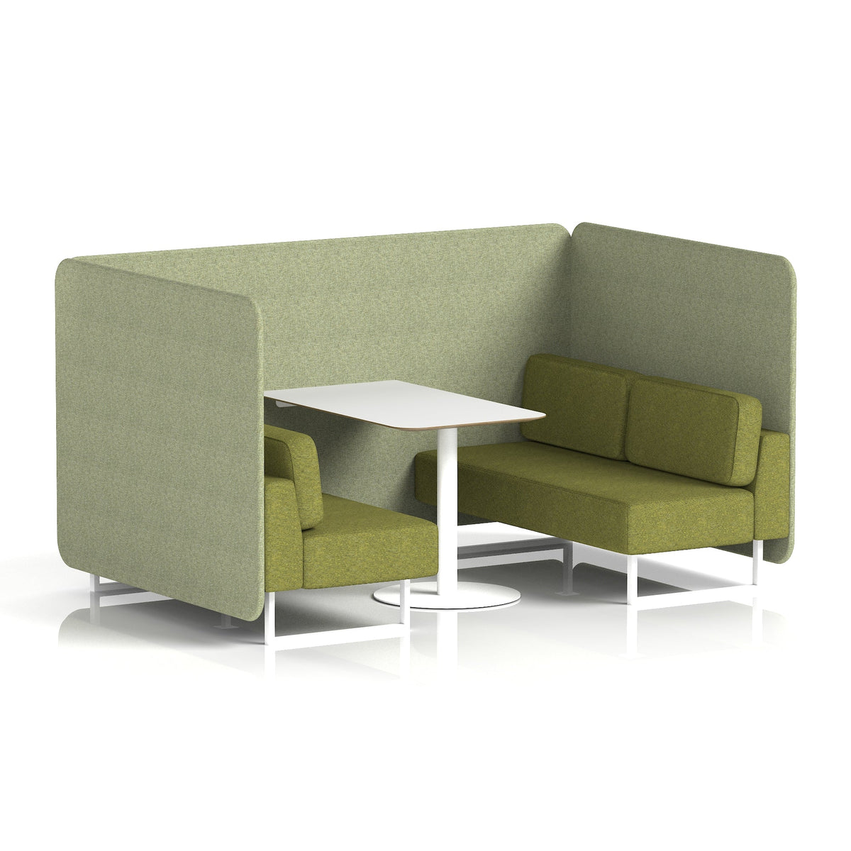Commercial 4 Seater Privacy Booth – Bench with White Table – Two Tone – Crib 5 Rivet - Burnish Panels And Olive Sofa White - Industrious Decor