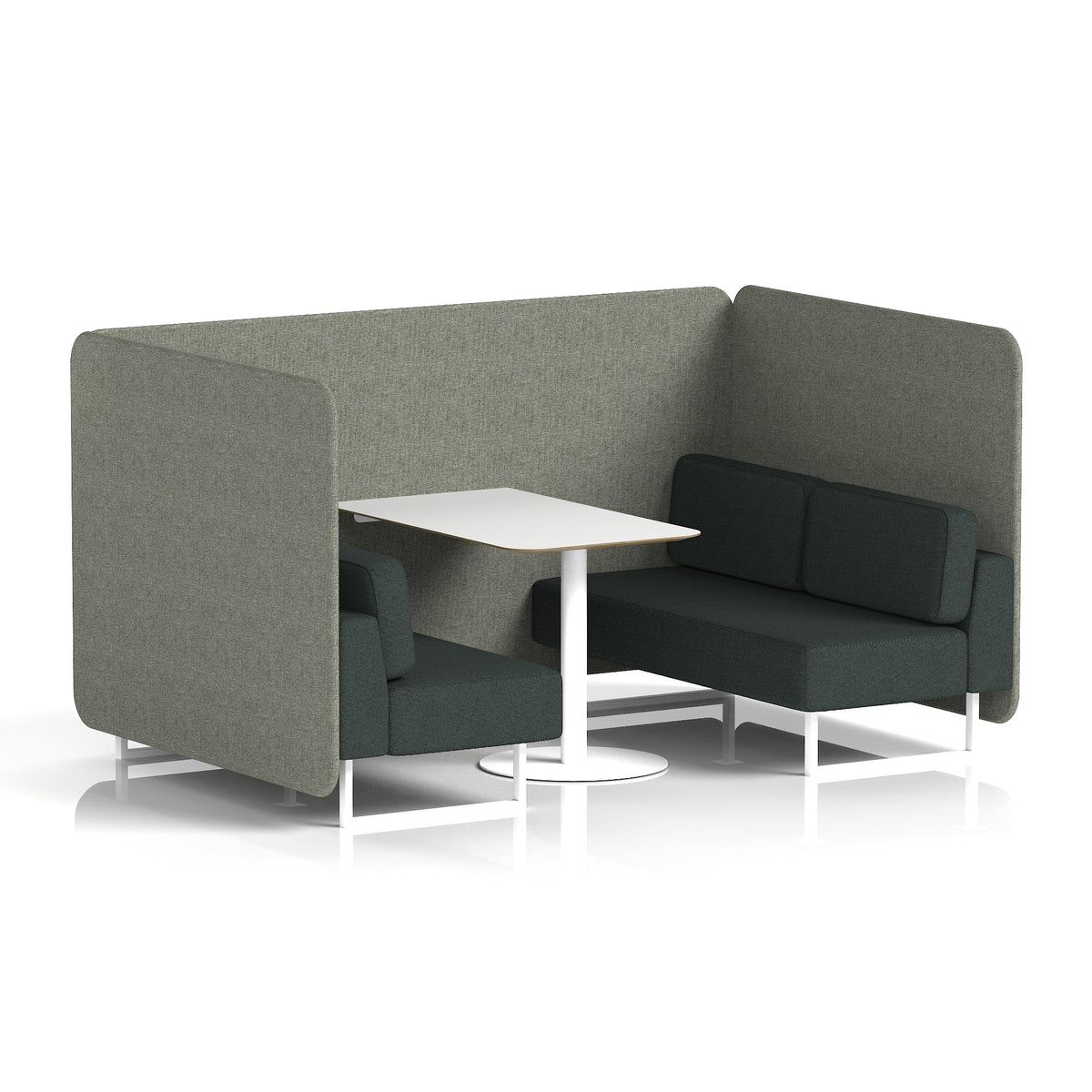 Commercial 4 Seater Privacy Booth – Bench with White Table – Two Tone – Crib 5 Rivet - Vitreous Panels And Charcoal Sofa White - Industrious Decor