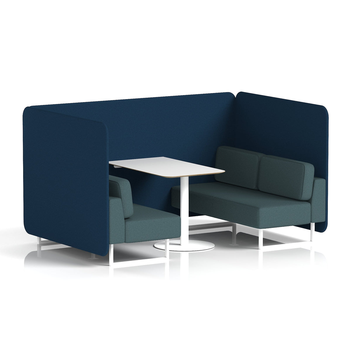 Commercial 4 Seater Privacy Booth – Bench with White Table – Two Tone – Crib 5 X2 - Calculus Panels And Polygon Sofa White - Industrious Decor