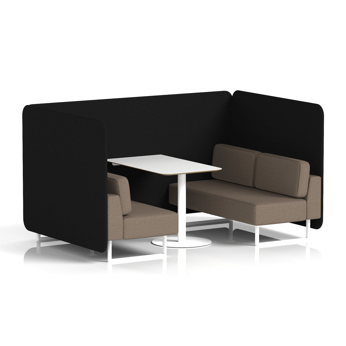Commercial 4 Seater Privacy Booth – Bench with White Table – Two Tone – Crib 5 X2 - Diameter Panels And Theory Sofa White - Industrious Decor