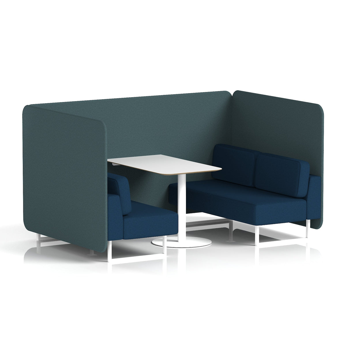 Commercial 4 Seater Privacy Booth – Bench with White Table – Two Tone – Crib 5 X2 - Polygon Panels And Calculus Sofa White - Industrious Decor