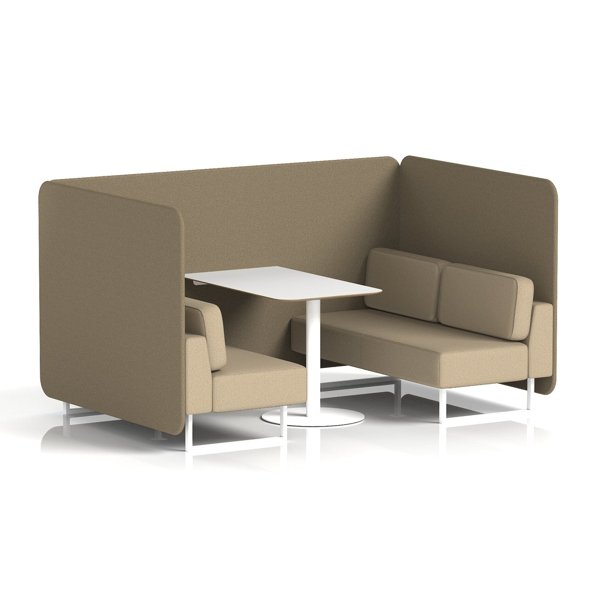 Commercial 4 Seater Privacy Booth – Bench with White Table – Two Tone – Crib 5 Main Line Flax - Bank Panels And Upminster Sofa White - Industrious Decor