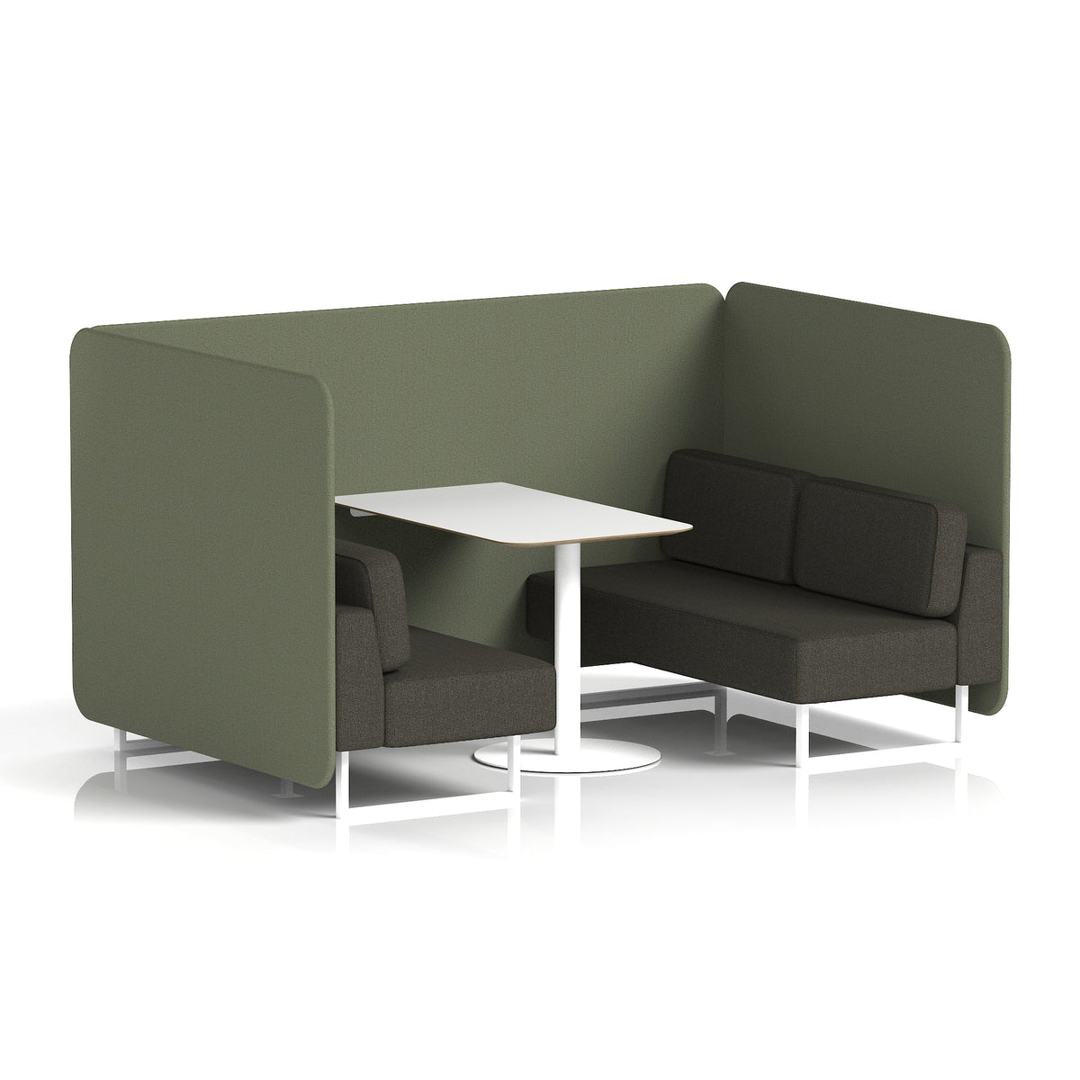 Commercial 4 Seater Privacy Booth – Bench with White Table – Two Tone – Crib 5 Main Line Flax - Monument Panels And Temple Sofa White - Industrious Decor