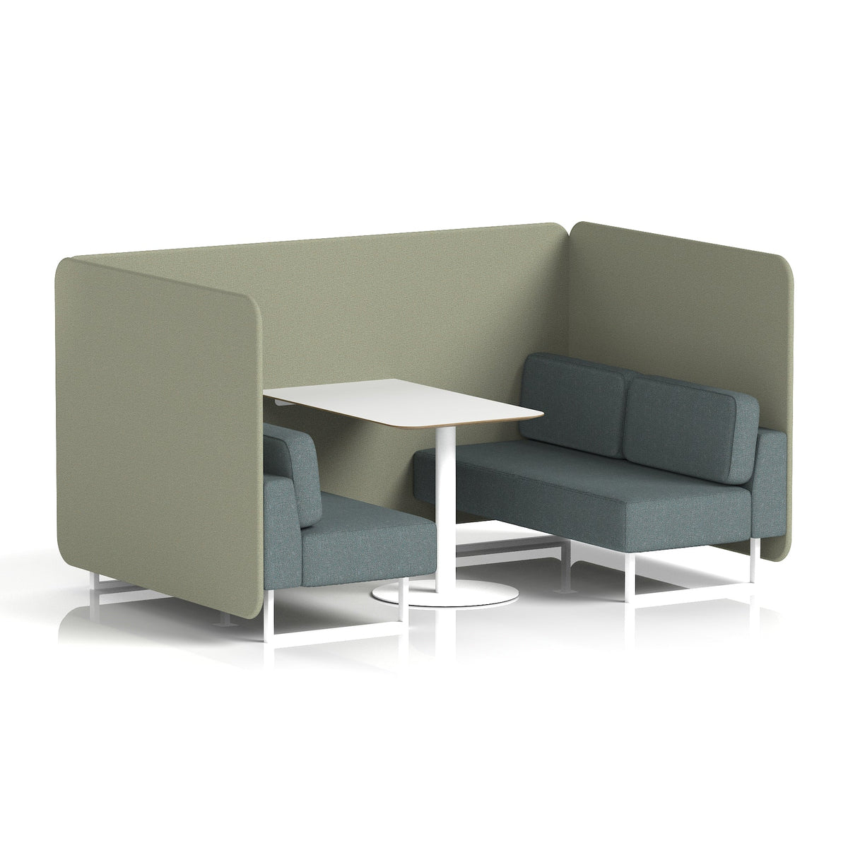Commercial 4 Seater Privacy Booth – Bench with White Table – Two Tone – Crib 5 Main Line Flax - Newbury Panels And Westminster Sofa White - Industrious Decor