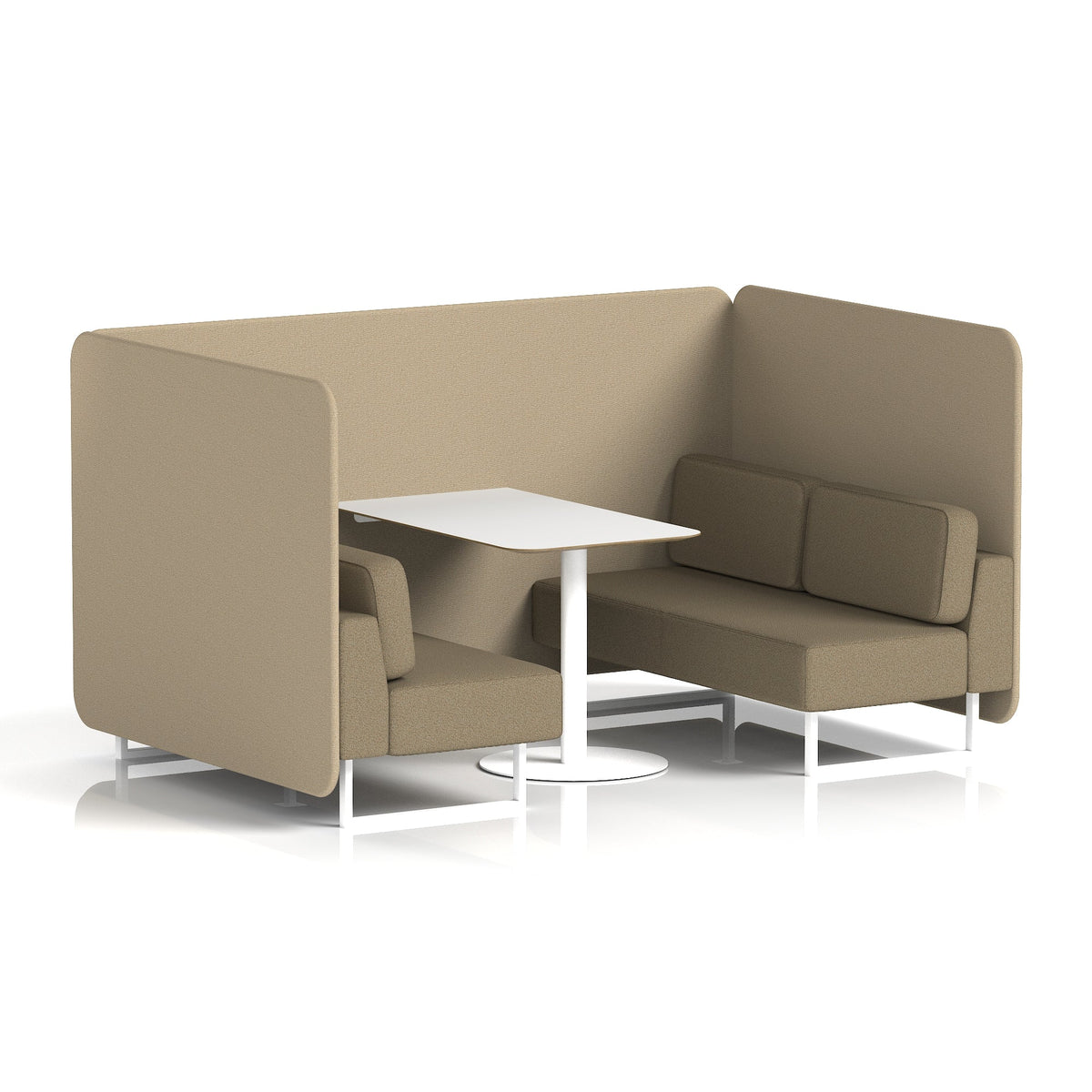 Commercial 4 Seater Privacy Booth – Bench with White Table – Two Tone – Crib 5 Main Line Flax - Upminster Panels And Bank Sofa White - Industrious Decor