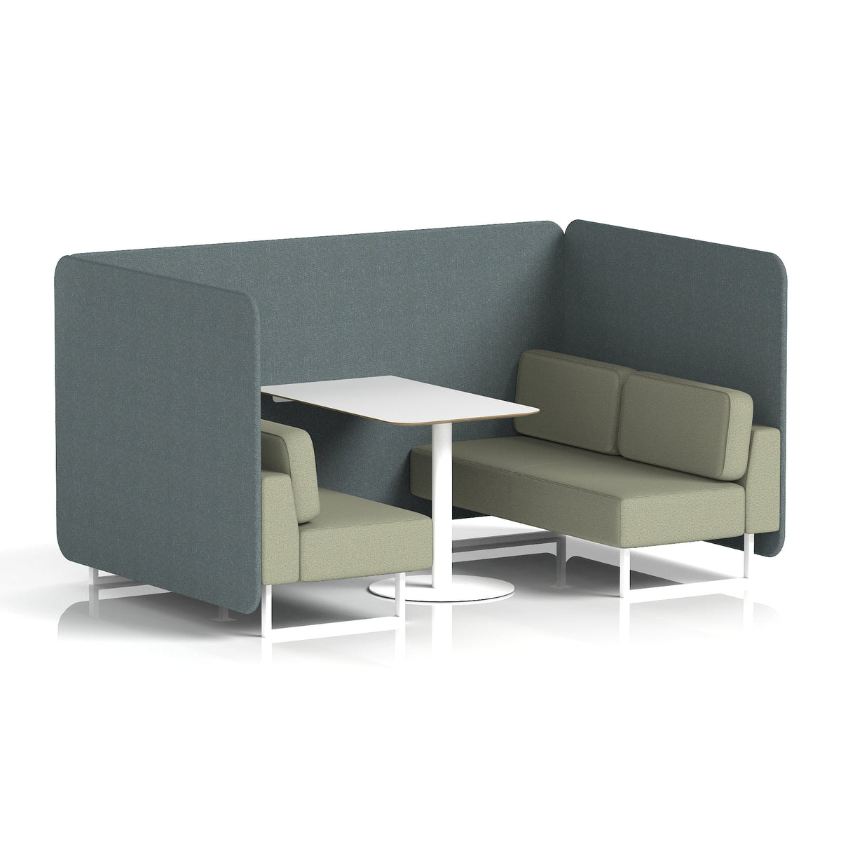 Commercial 4 Seater Privacy Booth – Bench with White Table – Two Tone – Crib 5 Main Line Flax - Westminster Panels And Newbury Sofa White - Industrious Decor
