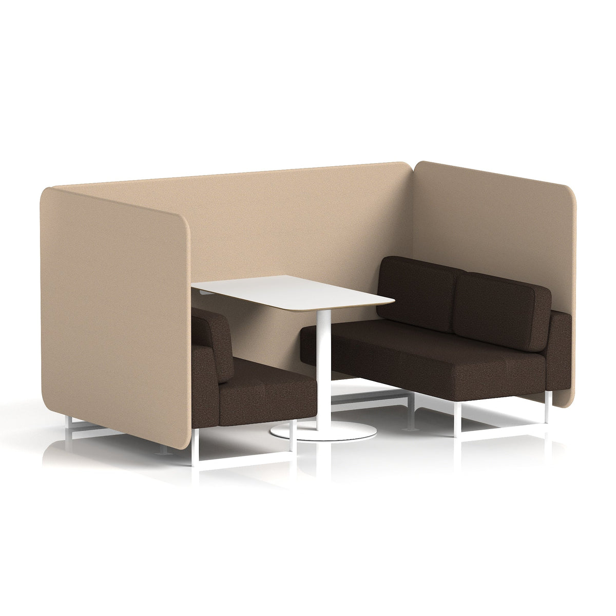 Commercial 4 Seater Privacy Booth – Bench with White Table – Two Tone – Crib 5 Synergy - Affix Panels And Wed Sofa White - Industrious Decor