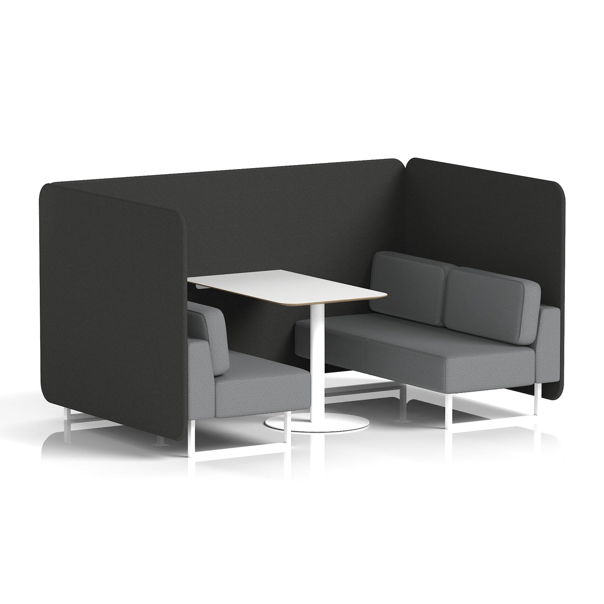 Commercial 4 Seater Privacy Booth – Bench with White Table – Two Tone – Crib 5 Synergy - Mix Panels And Partner Sofa White - Industrious Decor