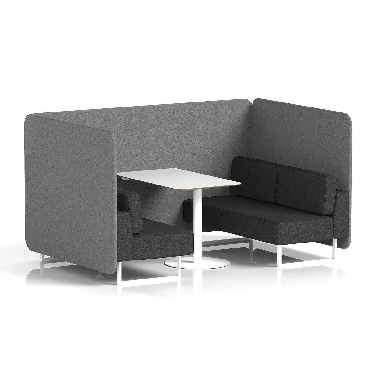 Commercial 4 Seater Privacy Booth – Bench with White Table – Two Tone – Crib 5 Synergy - Partner Panels And Mix Sofa White - Industrious Decor