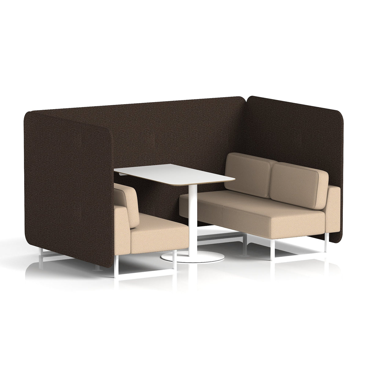 Commercial 4 Seater Privacy Booth – Bench with White Table – Two Tone – Crib 5 Synergy - Wed Panels And Affix Sofa White - Industrious Decor