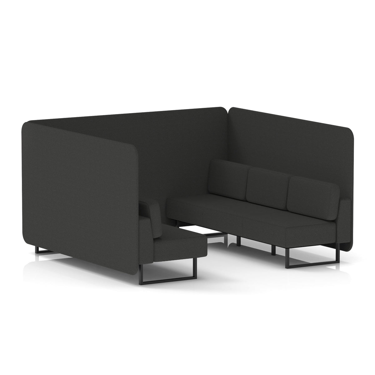 Commercial 6 Seater Privacy Booth – Bench – Single Tone – Crib 5 Synergy - Mix Panels And Sofa Black - Industrious Decor