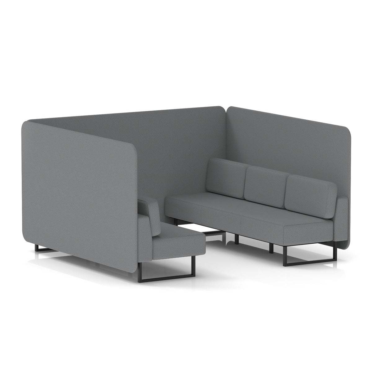 Commercial 6 Seater Privacy Booth – Bench – Single Tone – Crib 5 Synergy - Partner Panels And Sofa Black - Industrious Decor
