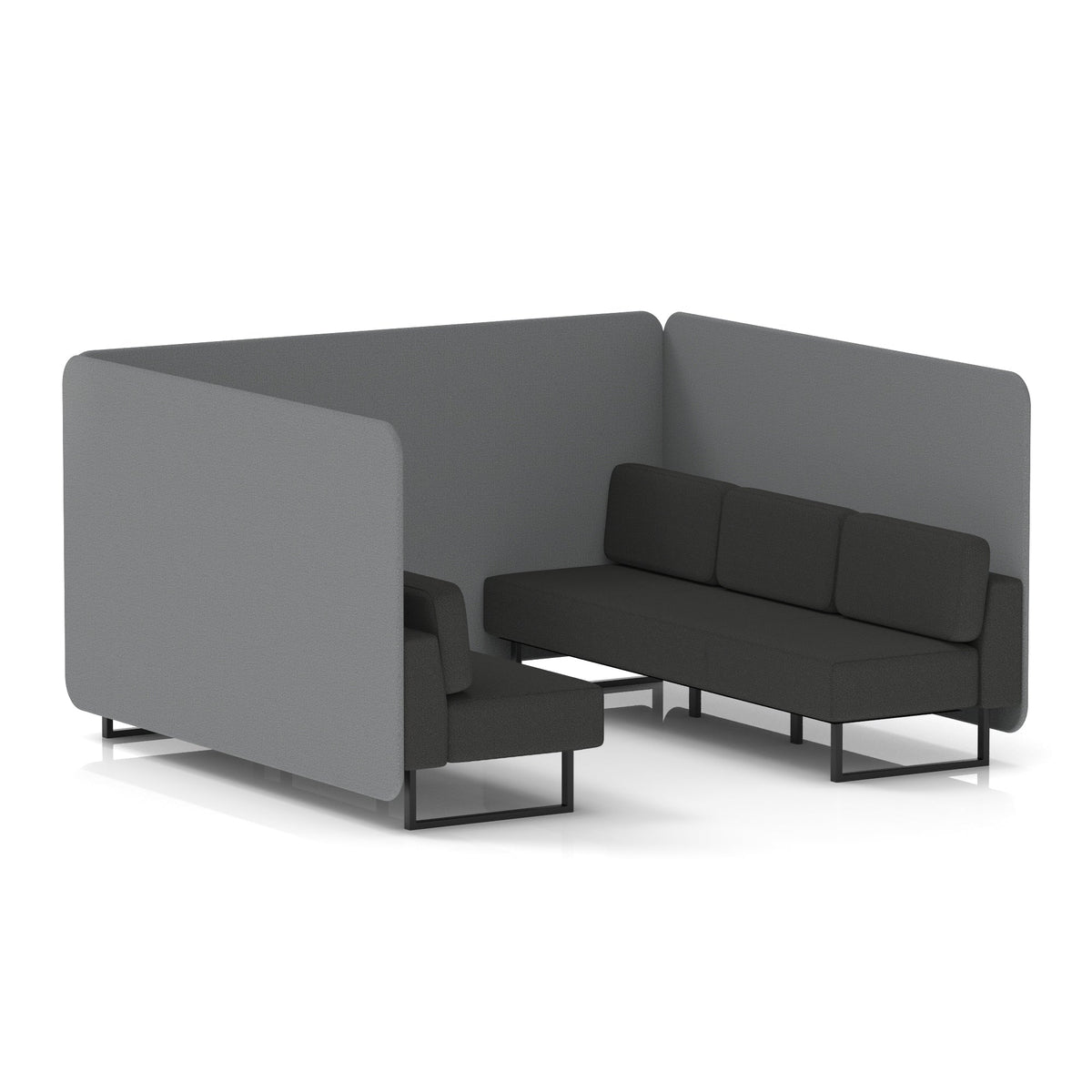 Commercial 6 Seater Privacy Booth – Bench – Two Tone – Crib 5 Synergy - Partner Panels And Mix Sofa Black - Industrious Decor