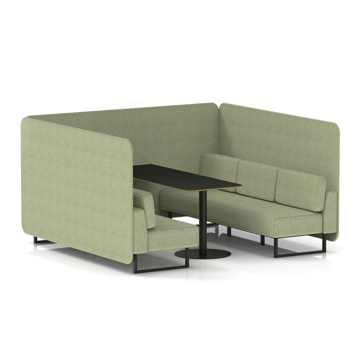 Commercial 6 Seater Privacy Booth – Bench with Black Table – Single Tone – Crib 5 Rivet - Burnish Panels And Sofa Black - Industrious Decor
