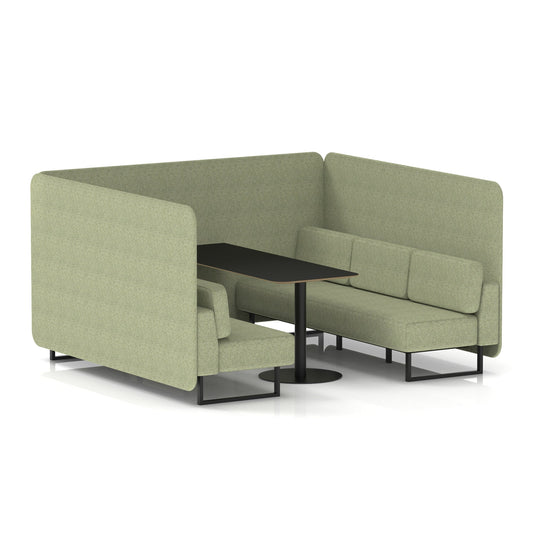 Commercial 6 Seater Privacy Booth – Bench with Black Table – Single Tone – Crib 5 Rivet - Burnish Panels And Sofa Black - Industrious Decor