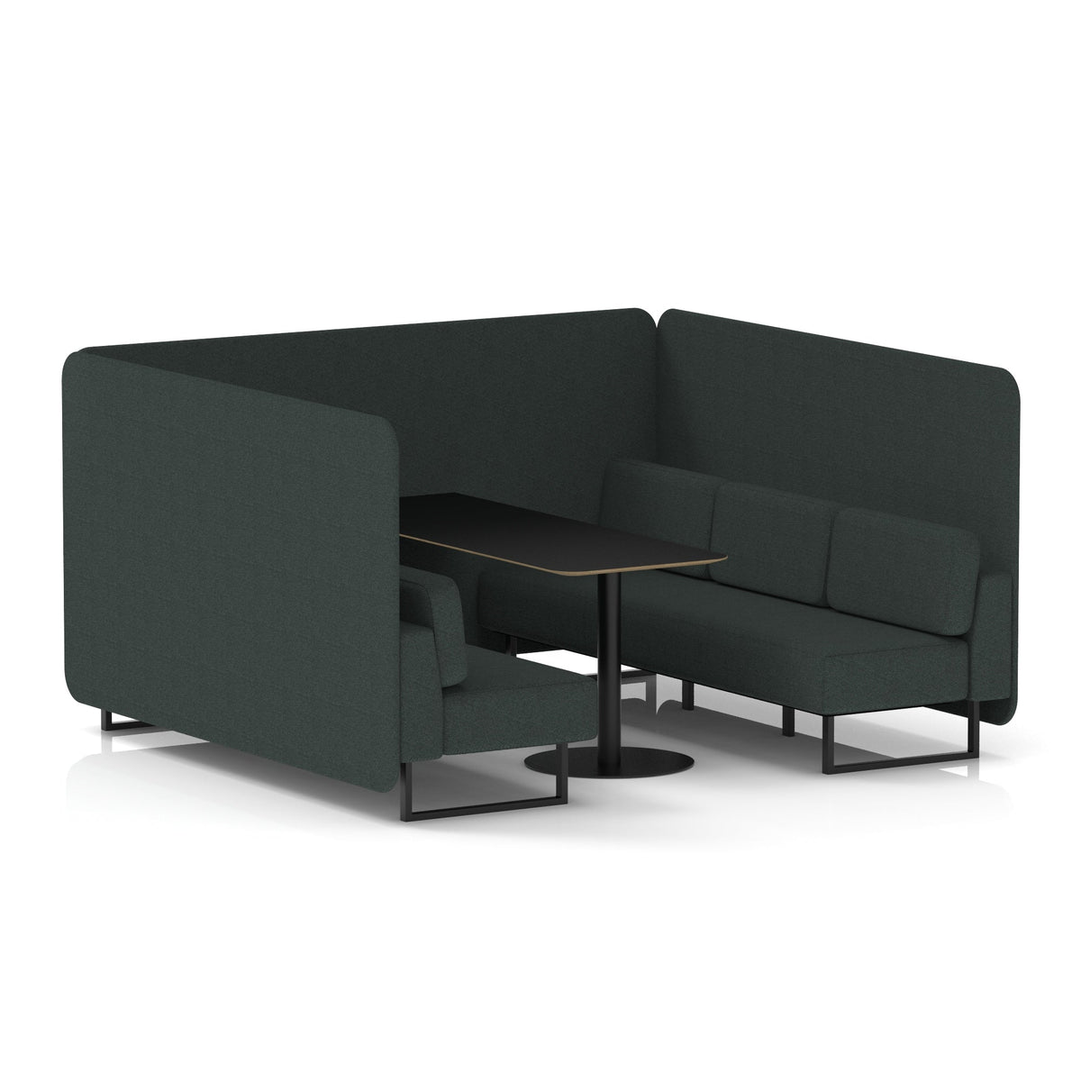 Commercial 6 Seater Privacy Booth – Bench with Black Table – Single Tone – Crib 5 Rivet - Charcoal Panels And Sofa Black - Industrious Decor