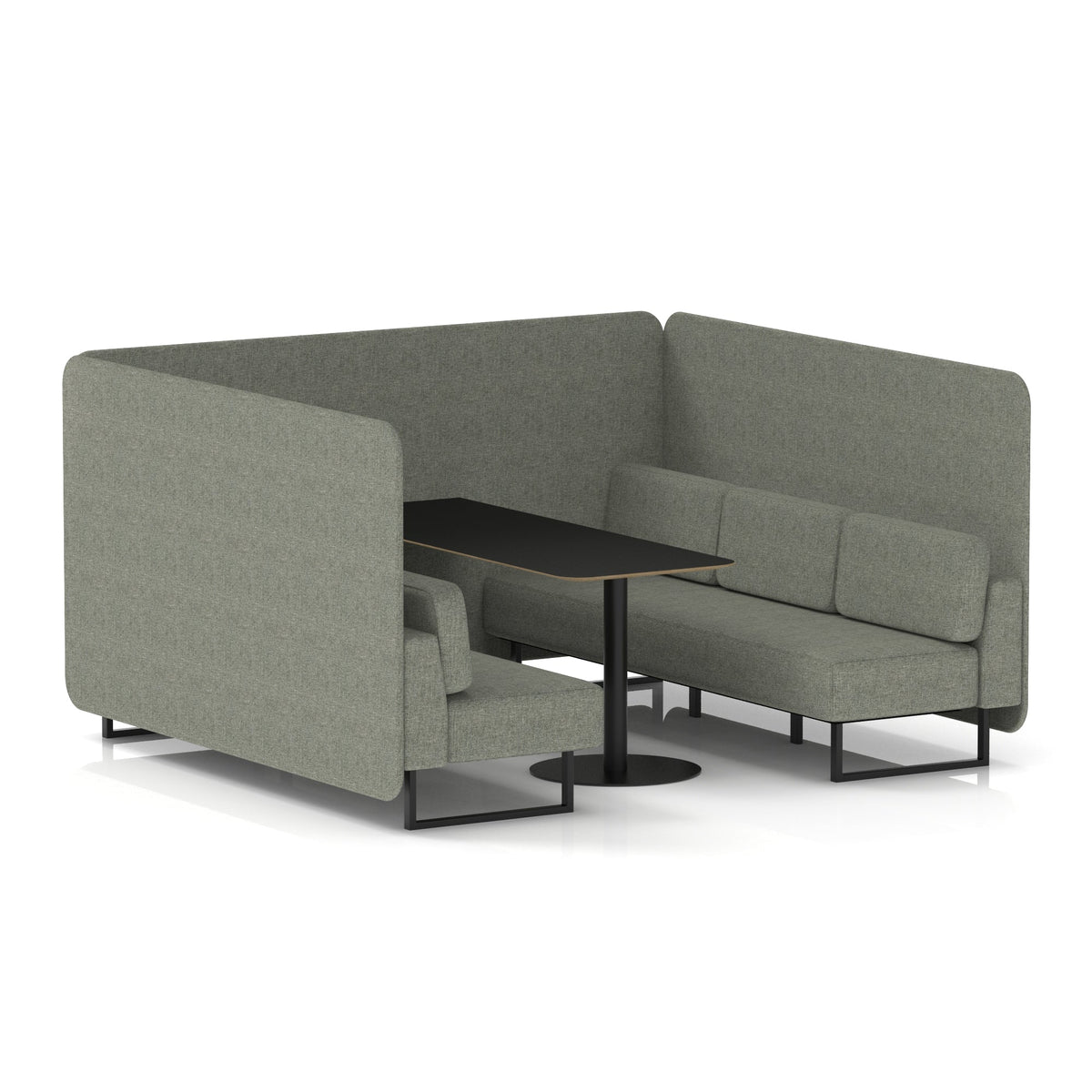 Commercial 6 Seater Privacy Booth – Bench with Black Table – Single Tone – Crib 5 Rivet - Vitreous Panels And Sofa Black - Industrious Decor