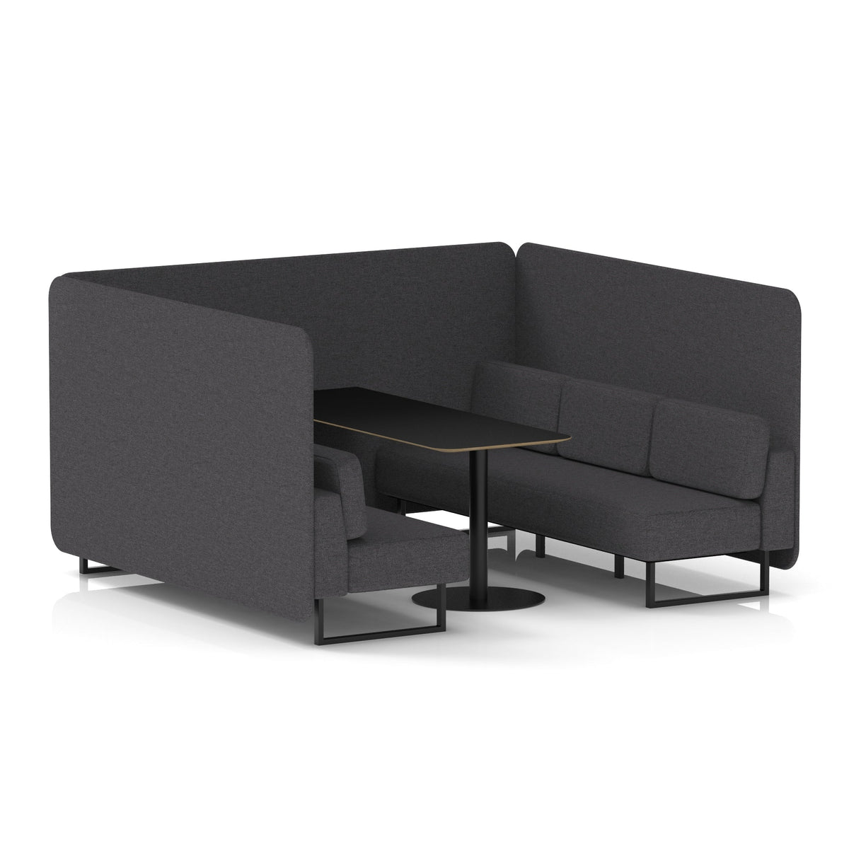 Commercial 6 Seater Privacy Booth – Bench with Black Table – Single Tone – Crib 5 X2 - Arithmetic Panels And Sofa Black - Industrious Decor