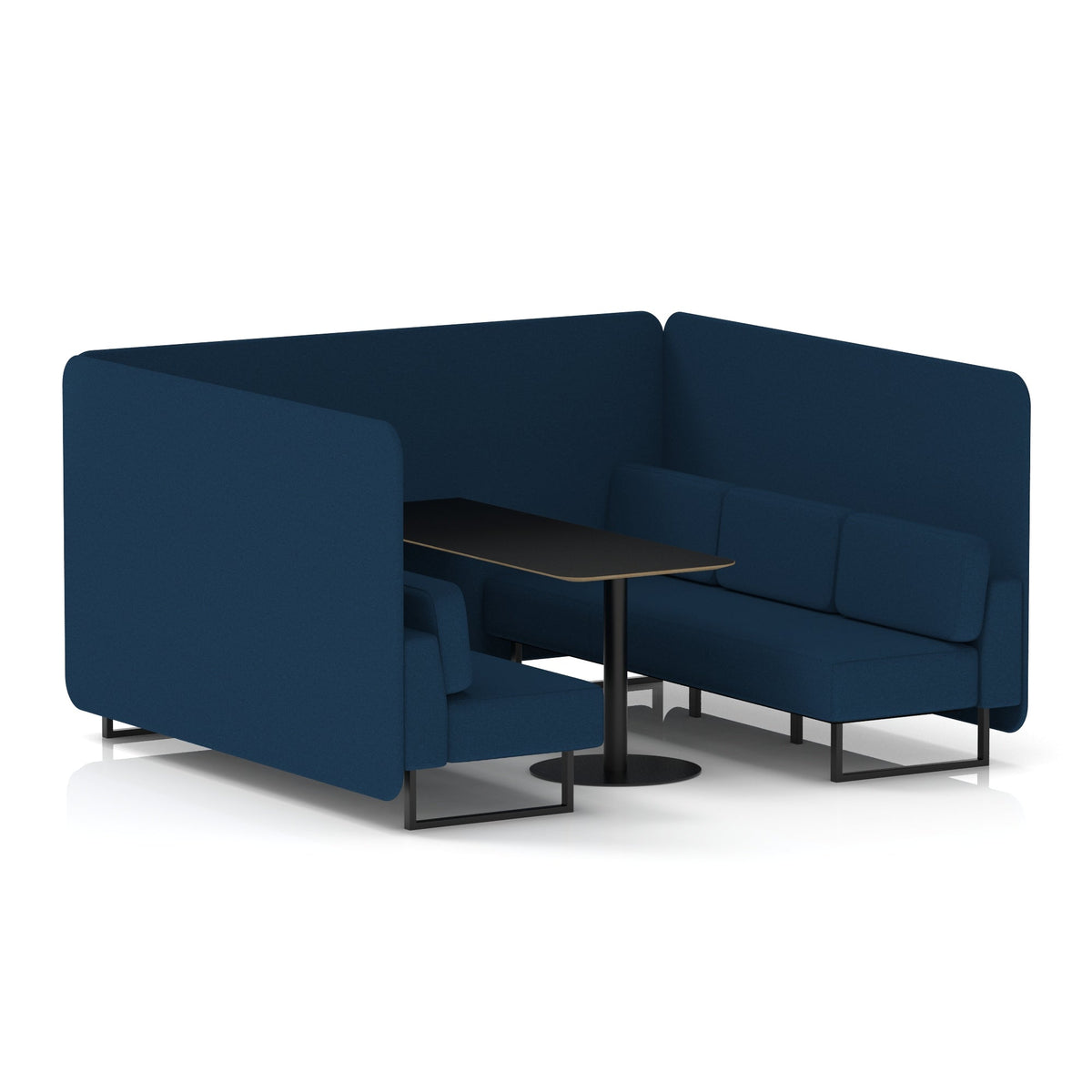 Commercial 6 Seater Privacy Booth – Bench with Black Table – Single Tone – Crib 5 X2 - Calculus Panels And Sofa Black - Industrious Decor
