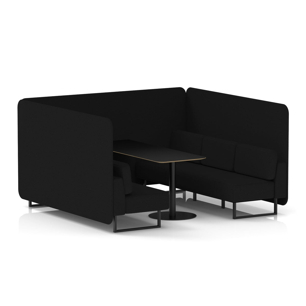 Commercial 6 Seater Privacy Booth – Bench with Black Table – Single Tone – Crib 5 X2 - Diameter Panels And Sofa Black - Industrious Decor