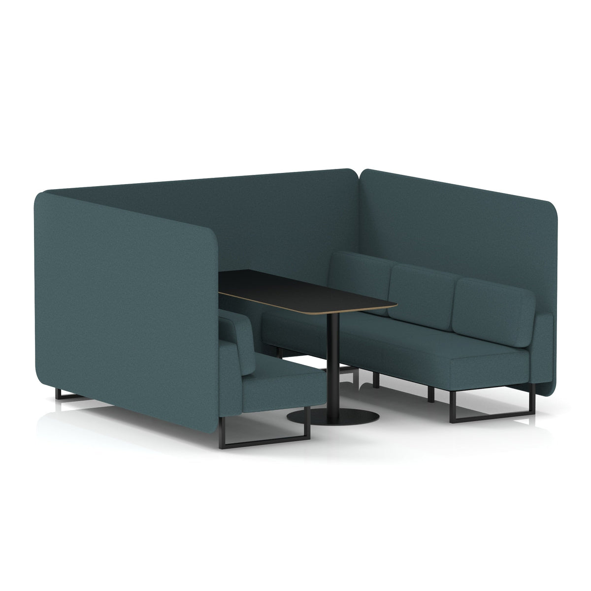 Commercial 6 Seater Privacy Booth – Bench with Black Table – Single Tone – Crib 5 X2 - Polygon Panels And Sofa Black - Industrious Decor
