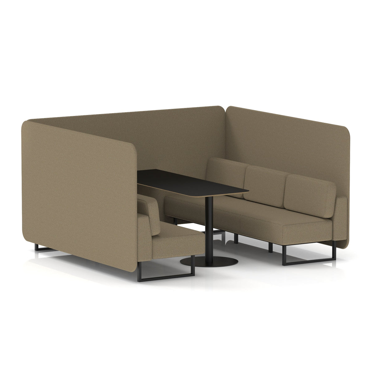 Commercial 6 Seater Privacy Booth – Bench with Black Table – Single Tone – Crib 5 Main Line Flax - Bank Panels And Sofa Black - Industrious Decor