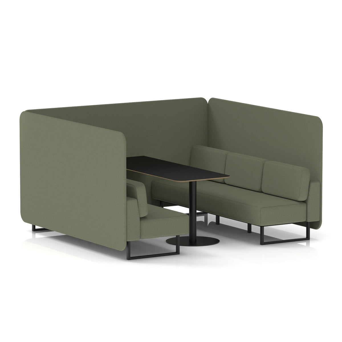 Commercial 6 Seater Privacy Booth – Bench with Black Table – Single Tone – Crib 5 Main Line Flax - Monument Panels And Sofa Black - Industrious Decor