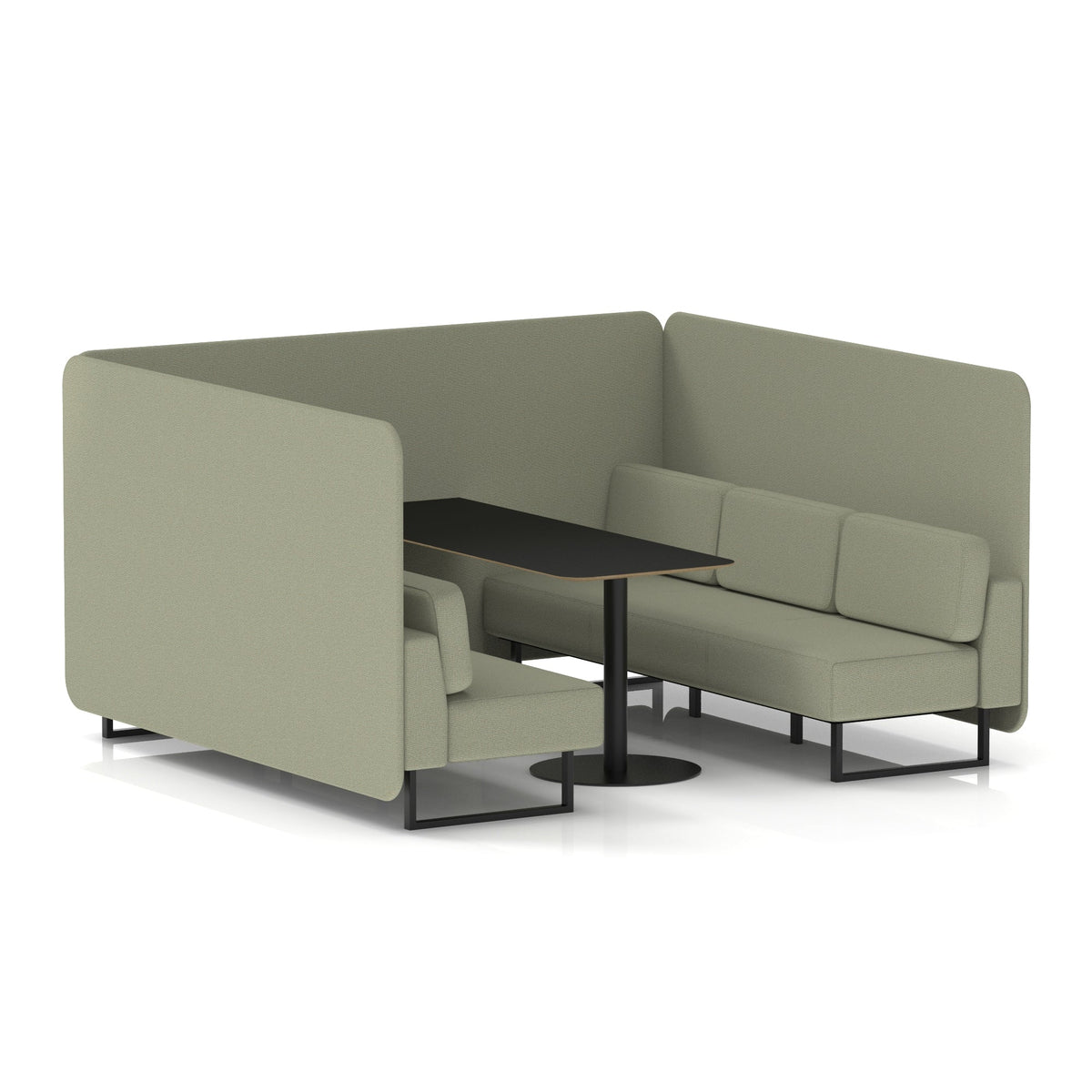 Commercial 6 Seater Privacy Booth – Bench with Black Table – Single Tone – Crib 5 Main Line Flax - Newbury Panels And Sofa Black - Industrious Decor