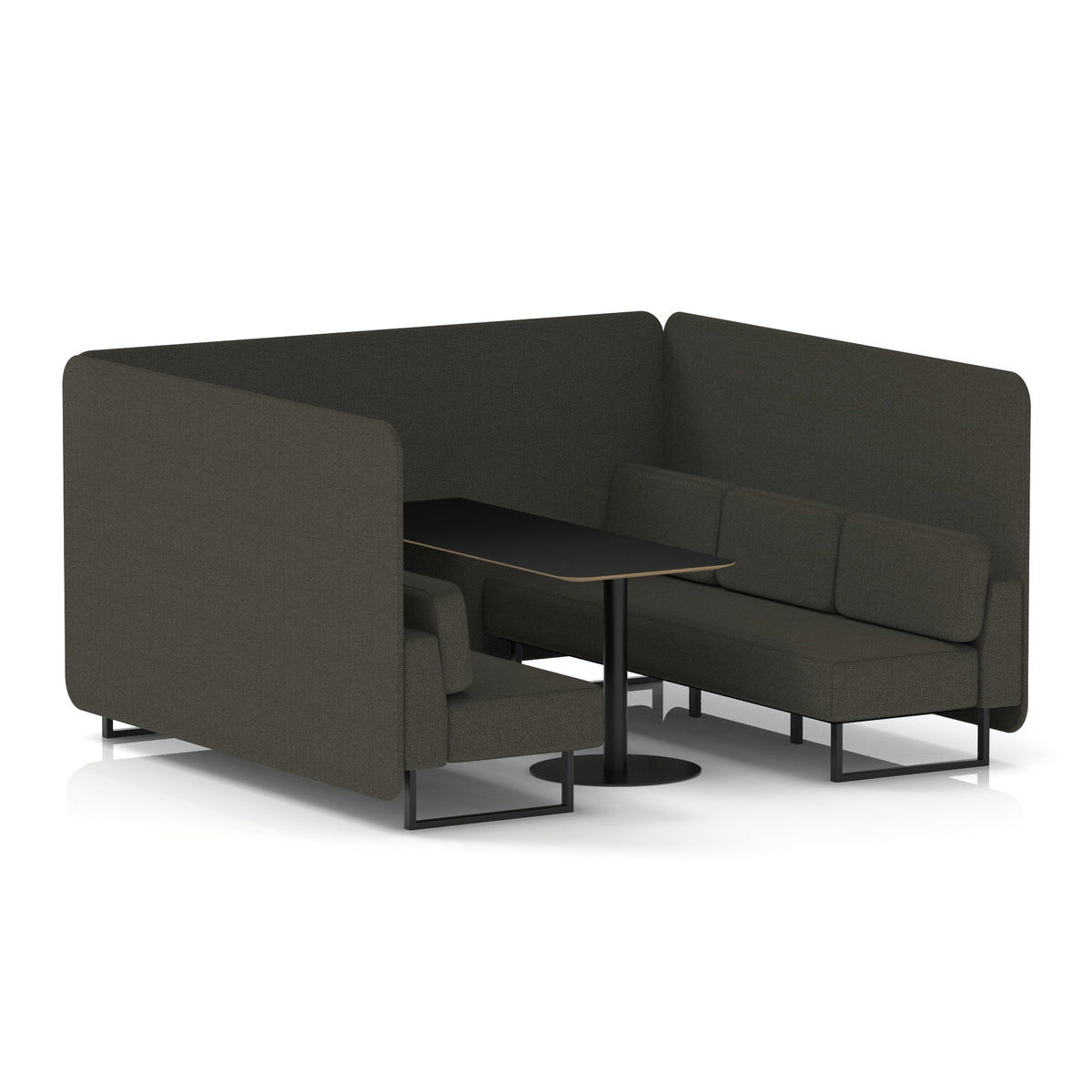 Commercial 6 Seater Privacy Booth – Bench with Black Table – Single Tone – Crib 5 Main Line Flax - Temple Panels And Sofa Black - Industrious Decor