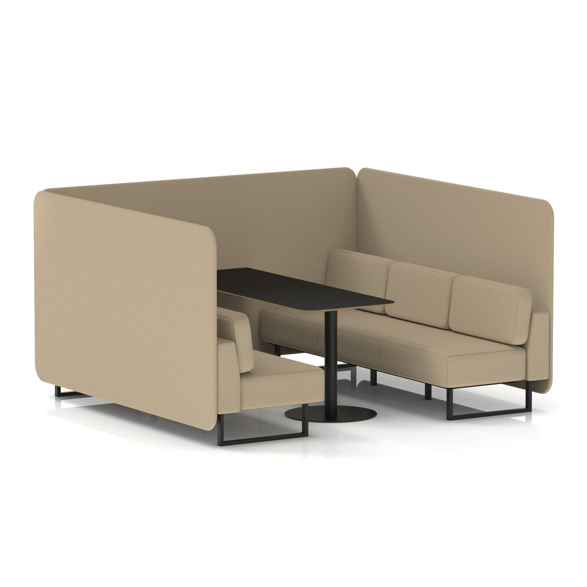 Commercial 6 Seater Privacy Booth – Bench with Black Table – Single Tone – Crib 5 Main Line Flax - Upminster Panels And Sofa Black - Industrious Decor