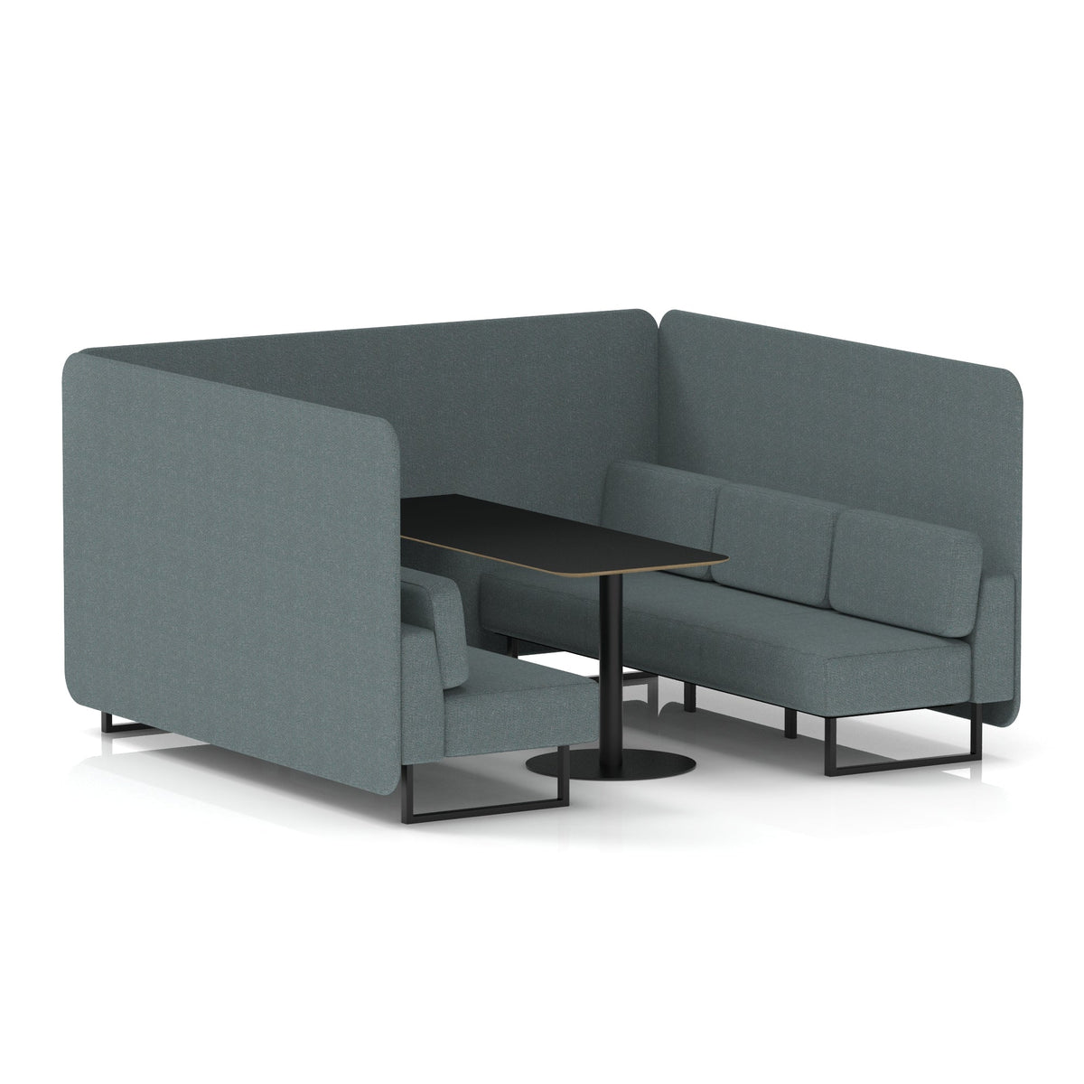 Commercial 6 Seater Privacy Booth – Bench with Black Table – Single Tone – Crib 5 Main Line Flax - Westminster Panels And Sofa Black - Industrious Decor