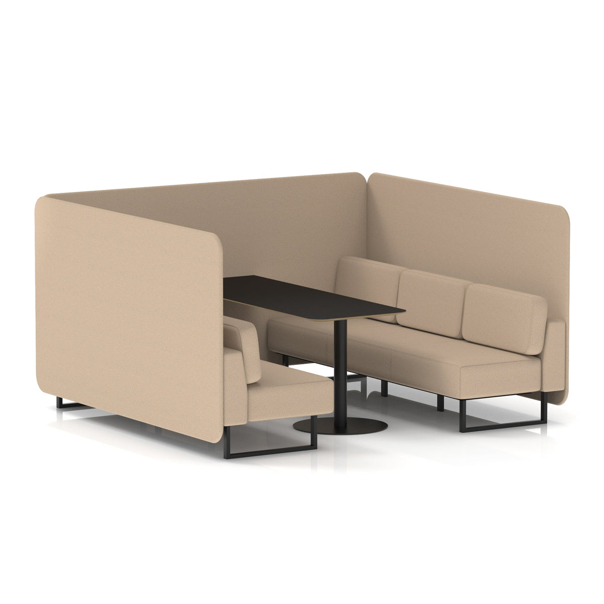 Commercial 6 Seater Privacy Booth – Bench with Black Table – Single Tone – Crib 5 Synergy - Affix Panels And Sofa Black - Industrious Decor