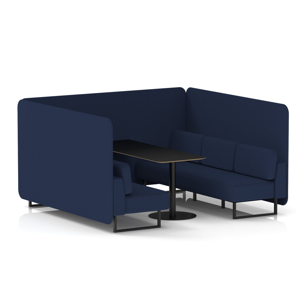 Commercial 6 Seater Privacy Booth – Bench with Black Table – Single Tone – Crib 5 Synergy - Alike Panels And Sofa Black - Industrious Decor