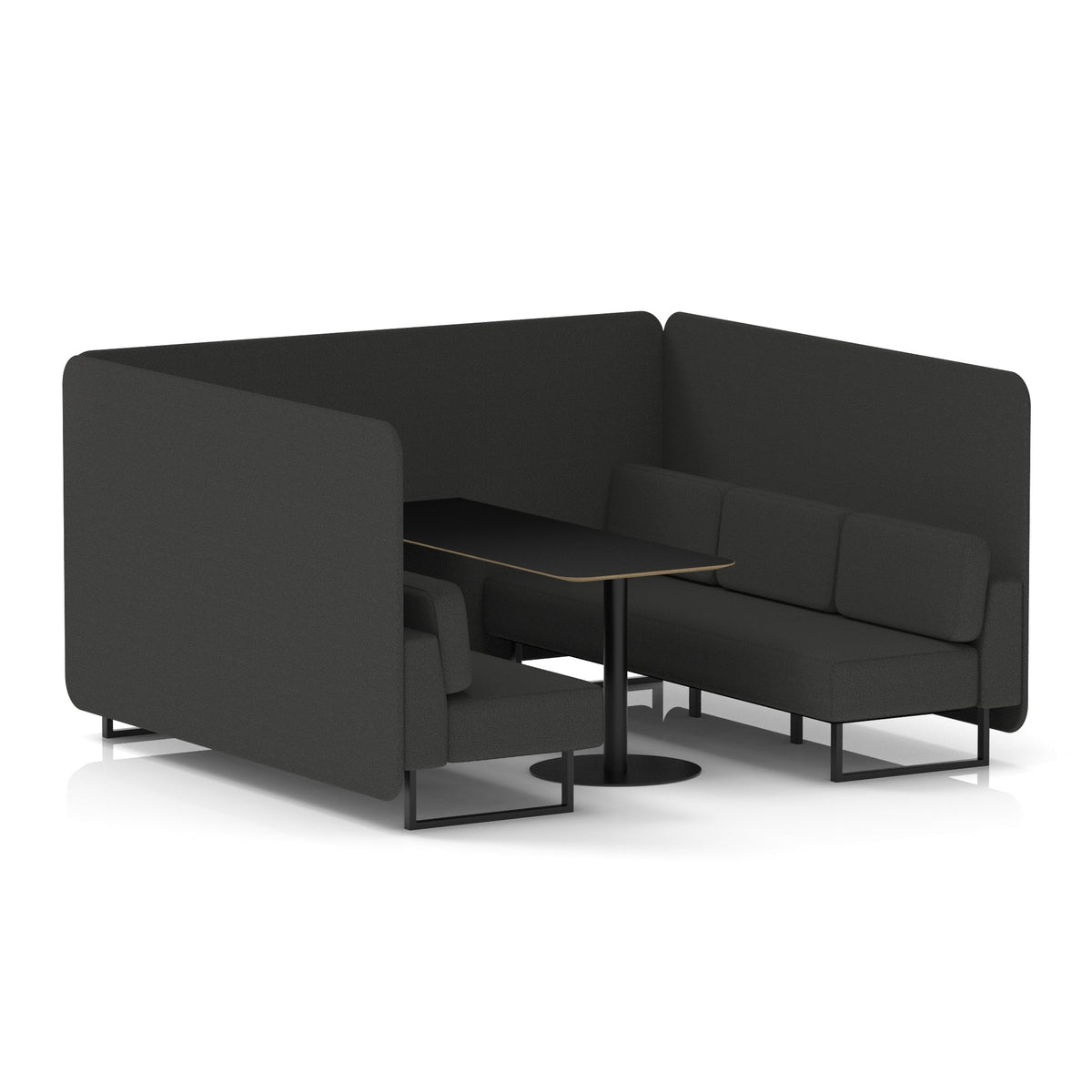 Commercial 6 Seater Privacy Booth – Bench with Black Table – Single Tone – Crib 5 Synergy - Mix Panels And Sofa Black - Industrious Decor