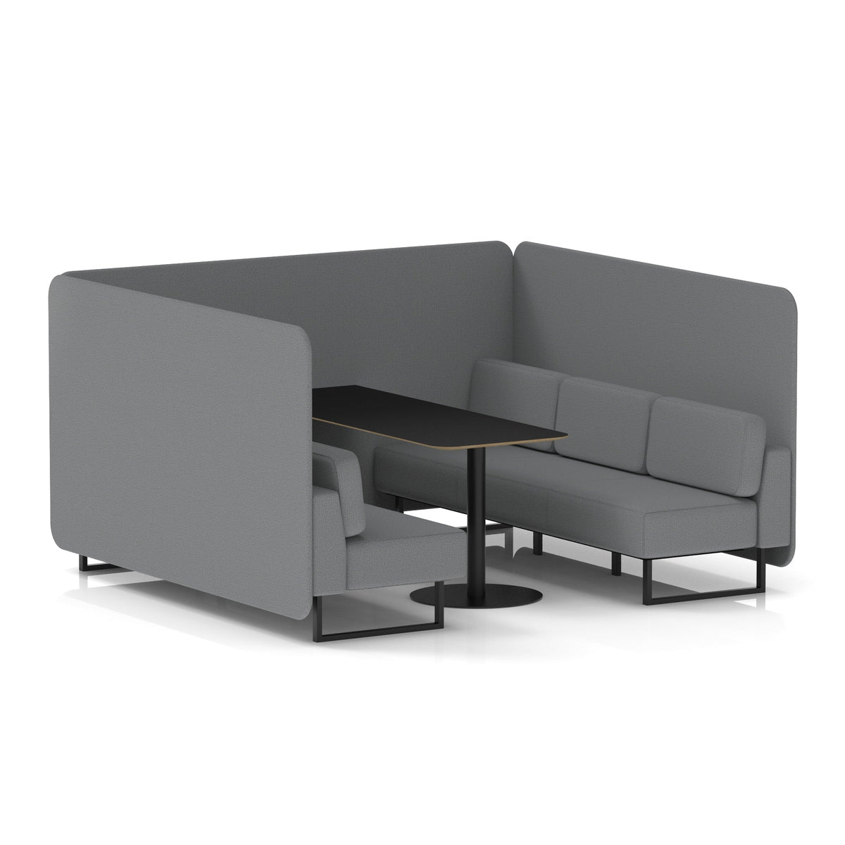 Commercial 6 Seater Privacy Booth – Bench with Black Table – Single Tone – Crib 5 Synergy - Partner Panels And Sofa Black - Industrious Decor