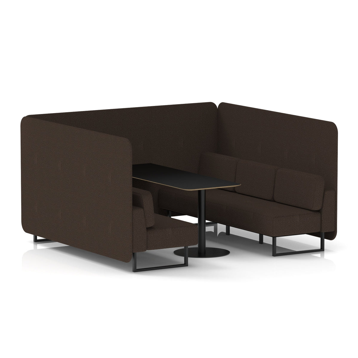 Commercial 6 Seater Privacy Booth – Bench with Black Table – Single Tone – Crib 5 Synergy - Wed Panels And Sofa Black - Industrious Decor