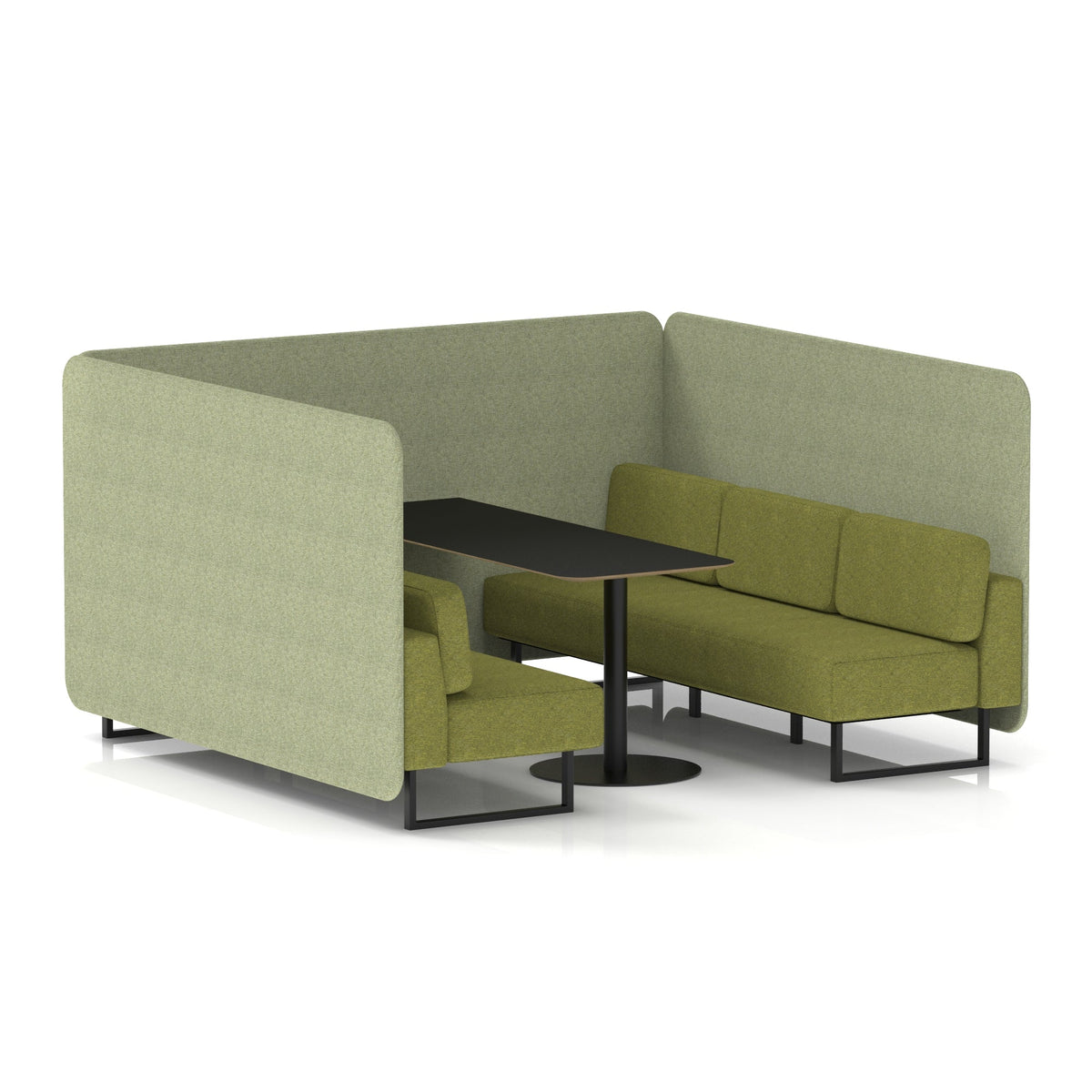 Commercial 6 Seater Privacy Booth – Bench with Black Table – Two Tone – Crib 5 Rivet - Burnish Panels And Olive Sofa Black - Industrious Decor