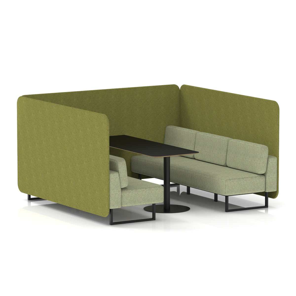 Commercial 6 Seater Privacy Booth – Bench with Black Table – Two Tone – Crib 5 Rivet - Olive Panels And Burnish Sofa Black - Industrious Decor