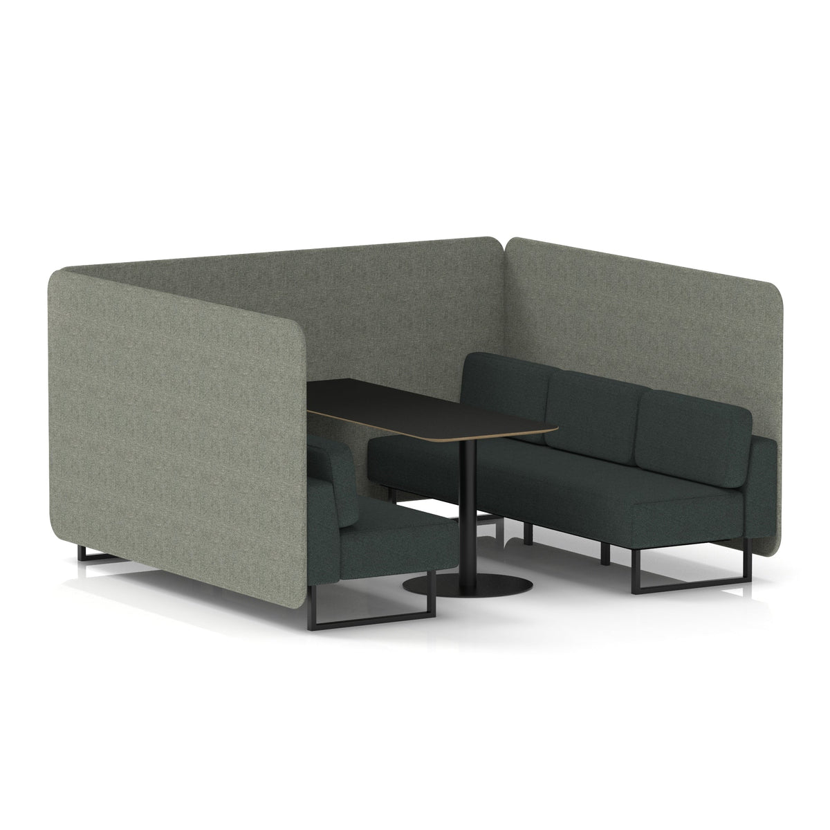 Commercial 6 Seater Privacy Booth – Bench with Black Table – Two Tone – Crib 5 Rivet - Vitreous Panels And Charcoal Sofa Black - Industrious Decor