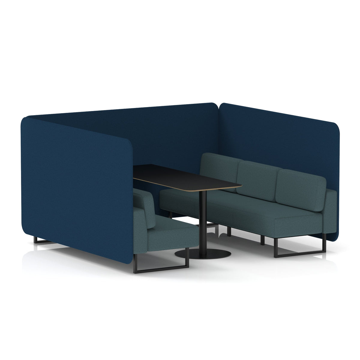 Commercial 6 Seater Privacy Booth – Bench with Black Table – Two Tone – Crib 5 X2 - Calculus Panels And Polygon Sofa Black - Industrious Decor