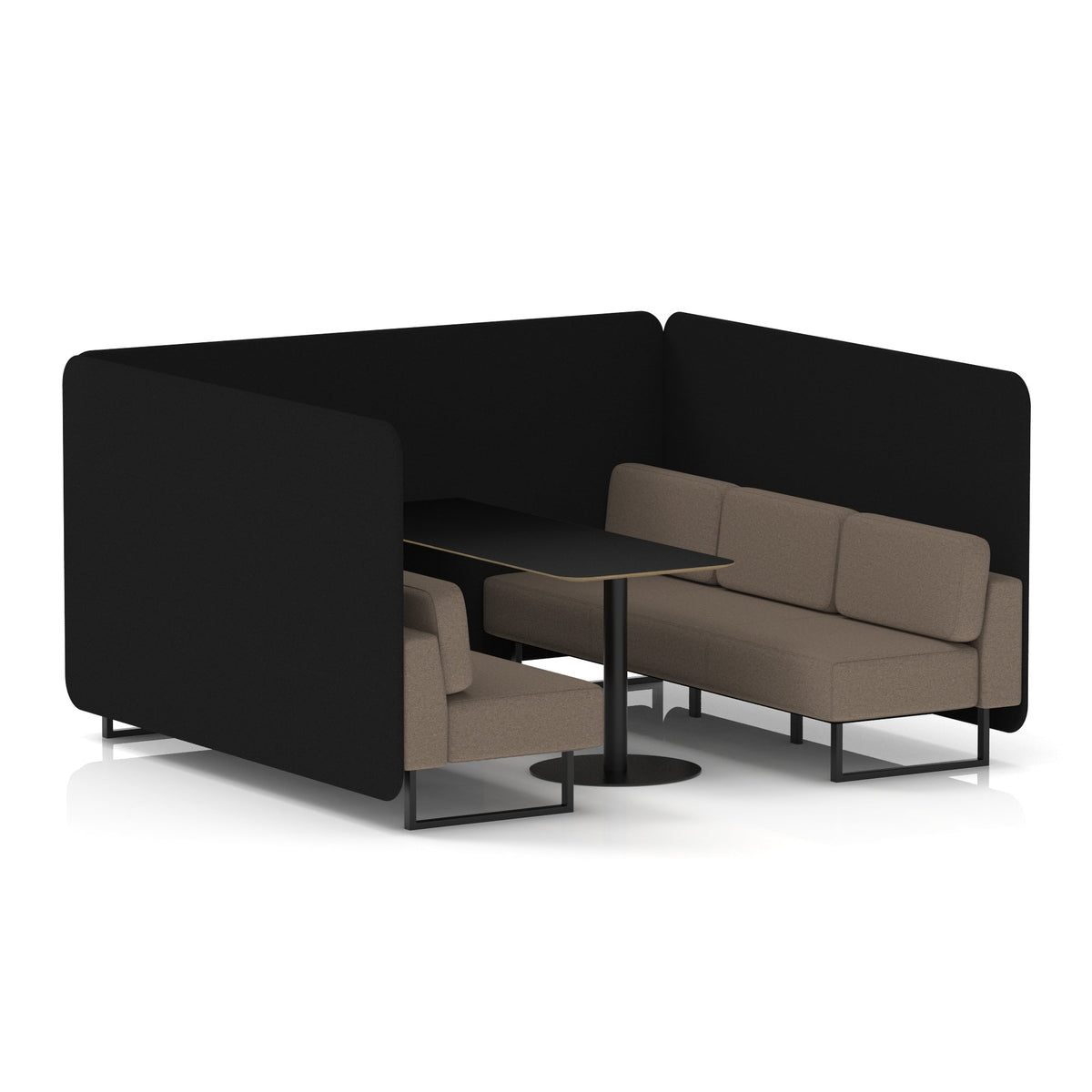 Commercial 6 Seater Privacy Booth – Bench with Black Table – Two Tone – Crib 5 X2 - Diameter Panels And Theory Sofa Black - Industrious Decor