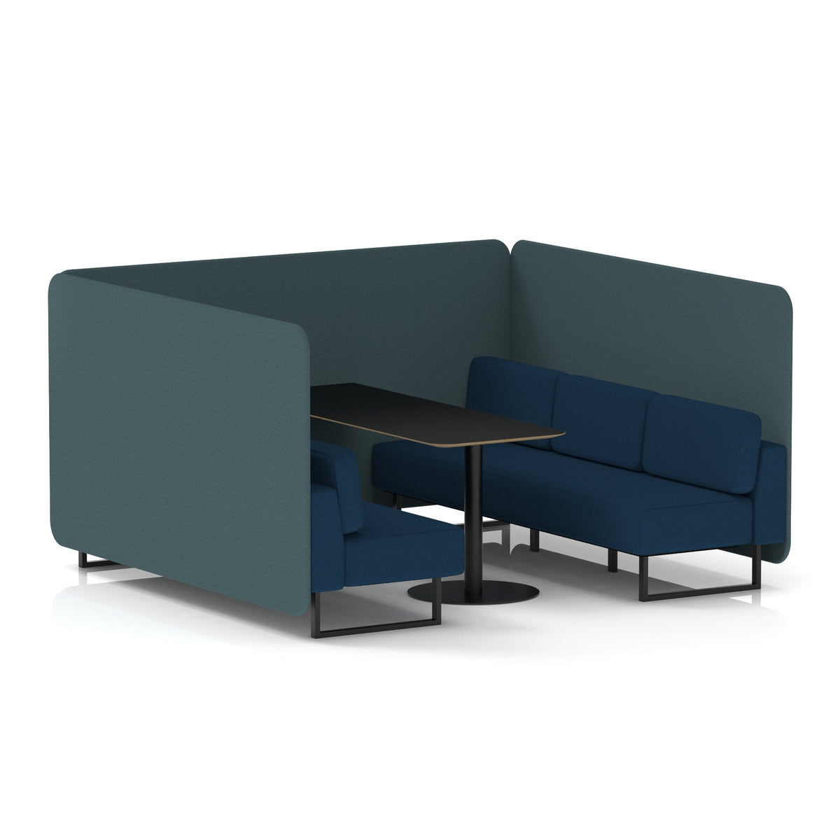 Commercial 6 Seater Privacy Booth – Bench with Black Table – Two Tone – Crib 5 X2 - Polygon Panels And Calculus Sofa Black - Industrious Decor