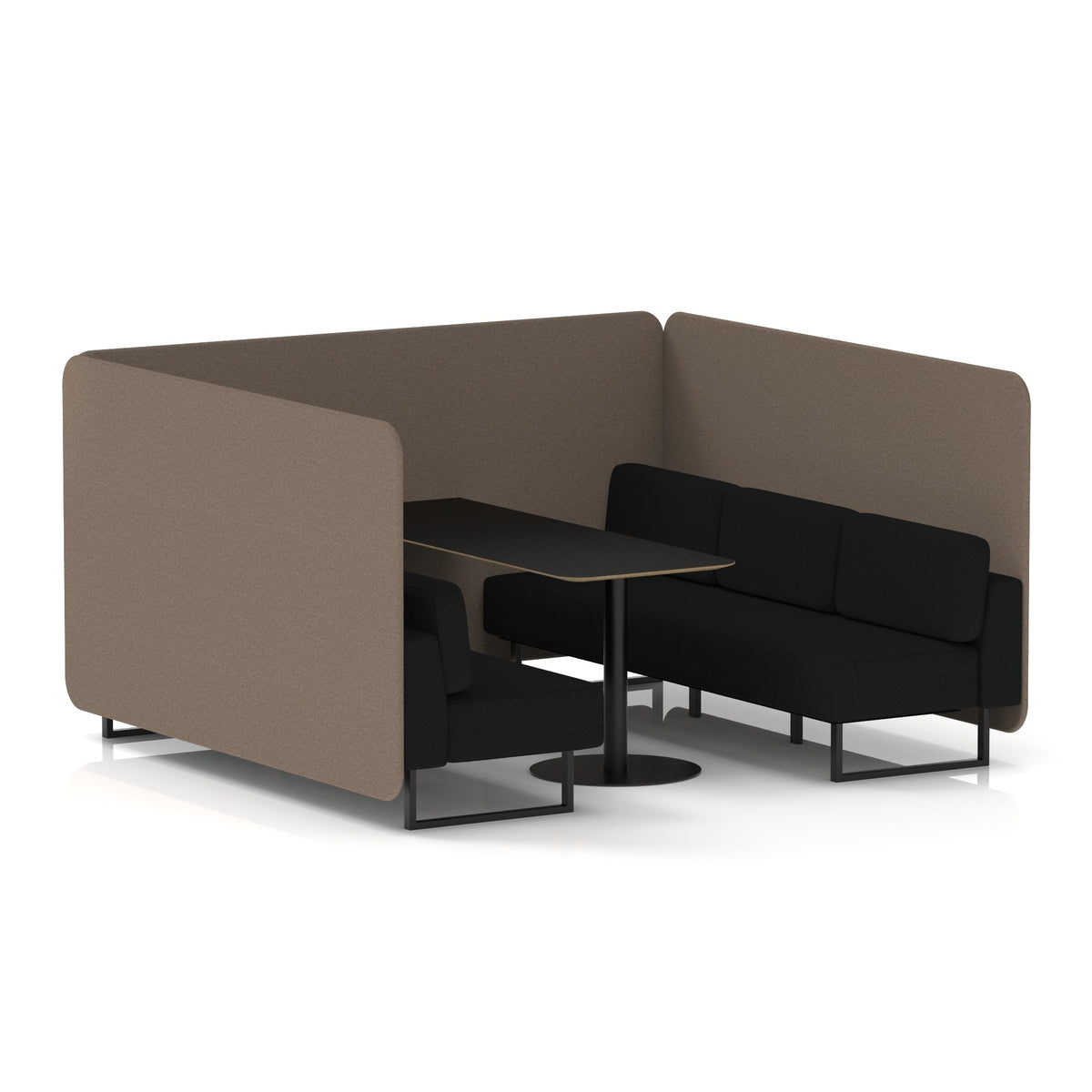 Commercial 6 Seater Privacy Booth – Bench with Black Table – Two Tone – Crib 5 X2 - Theory Panels And Diameter Sofa Black - Industrious Decor