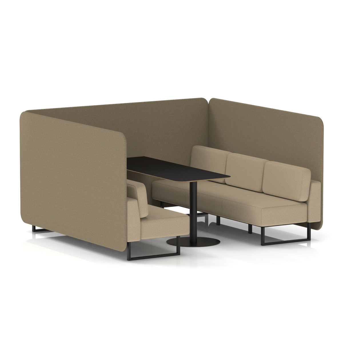 Commercial 6 Seater Privacy Booth – Bench with Black Table – Two Tone – Crib 5 Main Line Flax - Bank Panels And Upminster Sofa Black - Industrious Decor