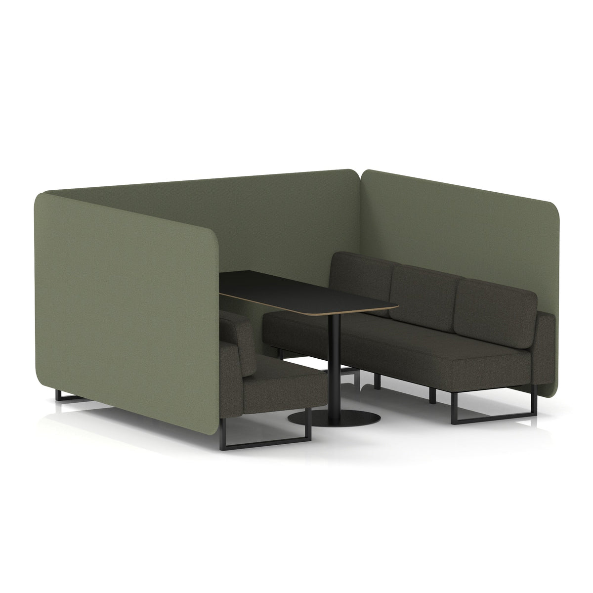 Commercial 6 Seater Privacy Booth – Bench with Black Table – Two Tone – Crib 5 Main Line Flax - Monument Panels And Temple Sofa Black - Industrious Decor