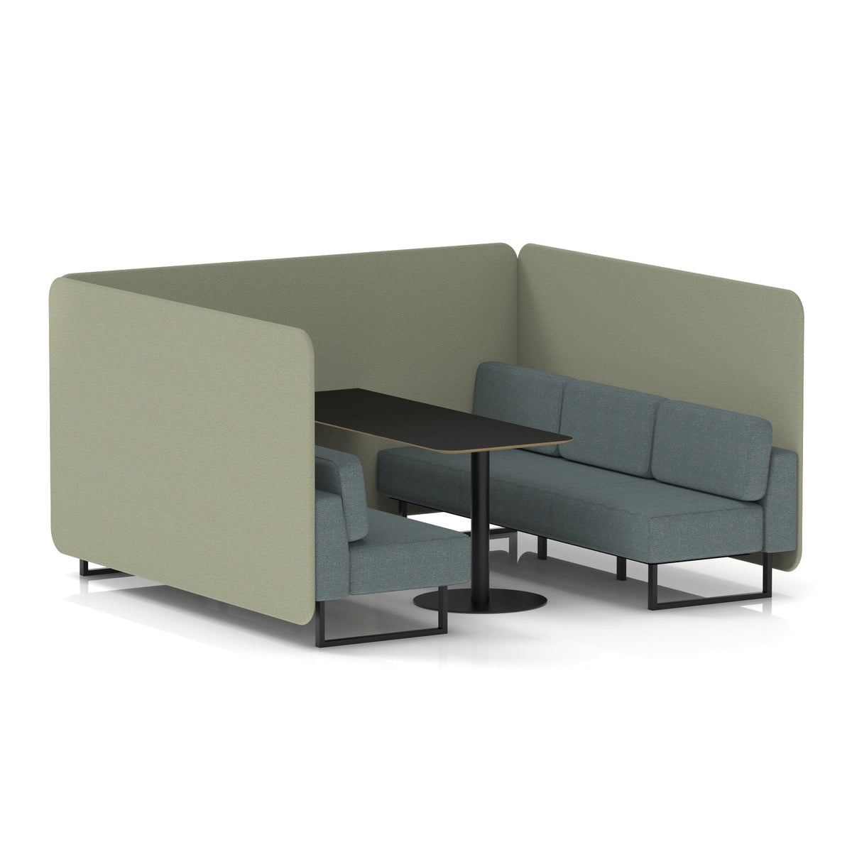 Commercial 6 Seater Privacy Booth – Bench with Black Table – Two Tone – Crib 5 Main Line Flax - Newbury Panels And Westminster Sofa Black - Industrious Decor