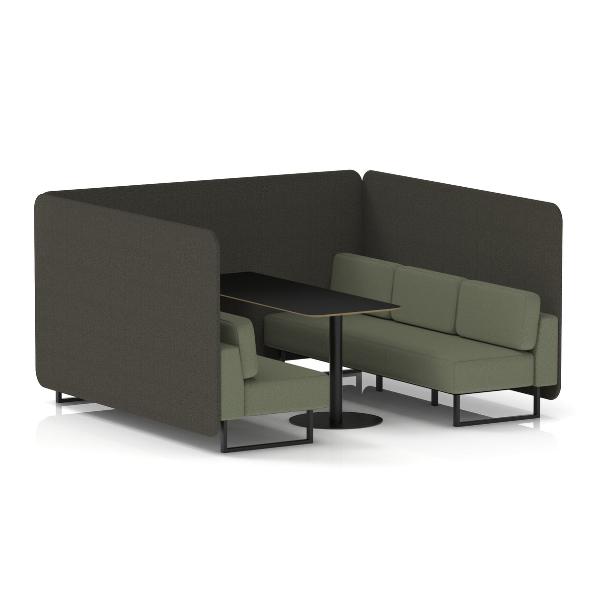 Commercial 6 Seater Privacy Booth – Bench with Black Table – Two Tone – Crib 5 Main Line Flax - Temple Panels And Monument Sofa Black - Industrious Decor