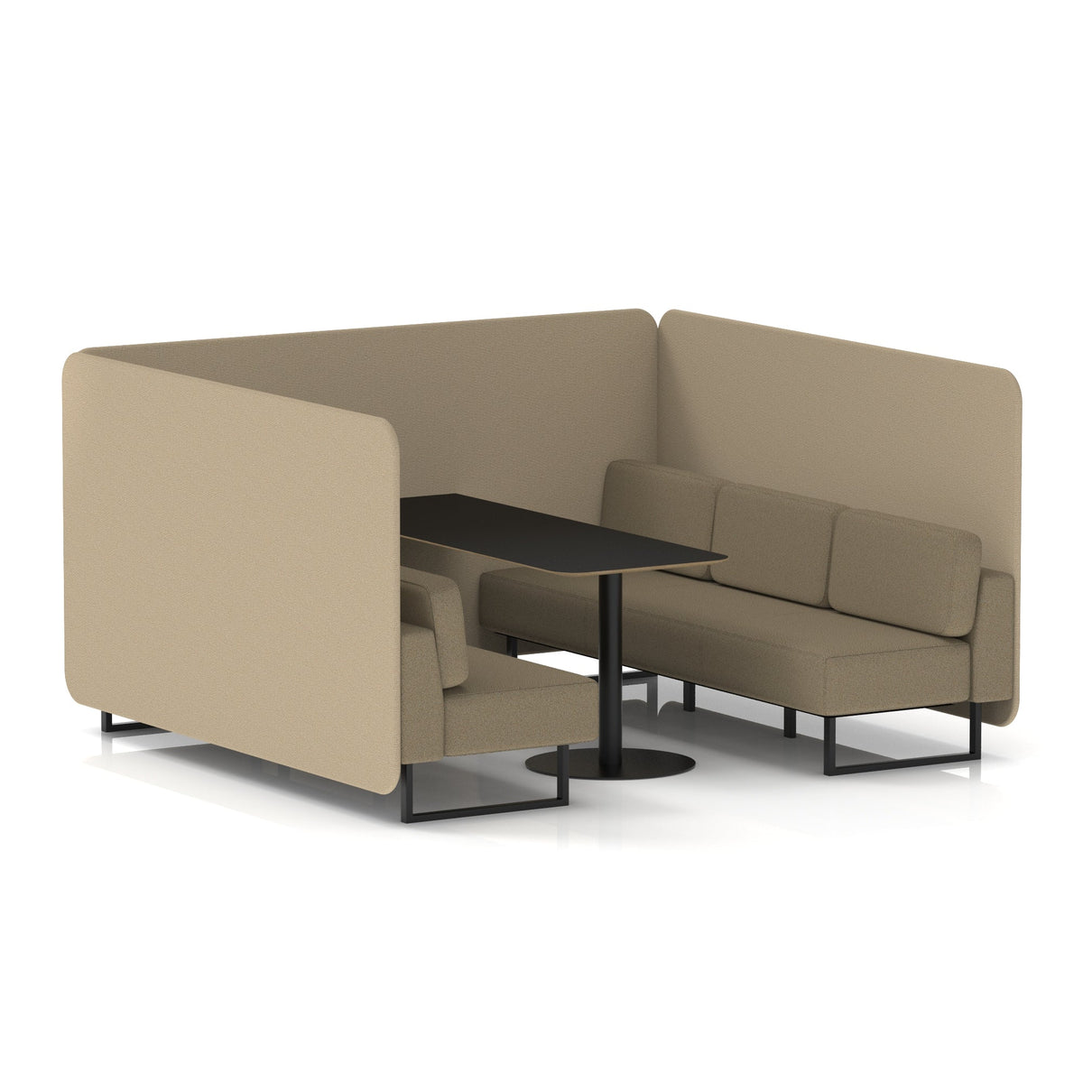 Commercial 6 Seater Privacy Booth – Bench with Black Table – Two Tone – Crib 5 Main Line Flax - Upminster Panels And Bank Sofa Black - Industrious Decor