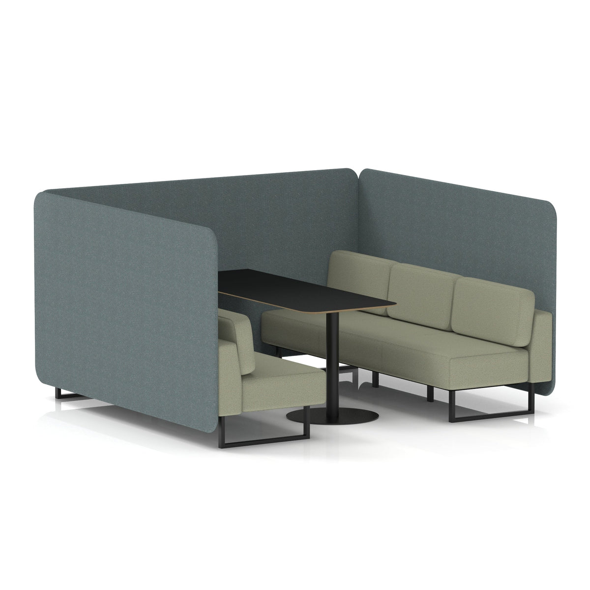 Commercial 6 Seater Privacy Booth – Bench with Black Table – Two Tone – Crib 5 Main Line Flax - Westminster Panels And Newbury Sofa Black - Industrious Decor