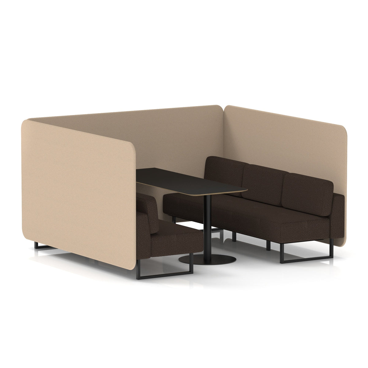 Commercial 6 Seater Privacy Booth – Bench with Black Table – Two Tone – Crib 5 Synergy - Affix Panels And Wed Sofa Black - Industrious Decor